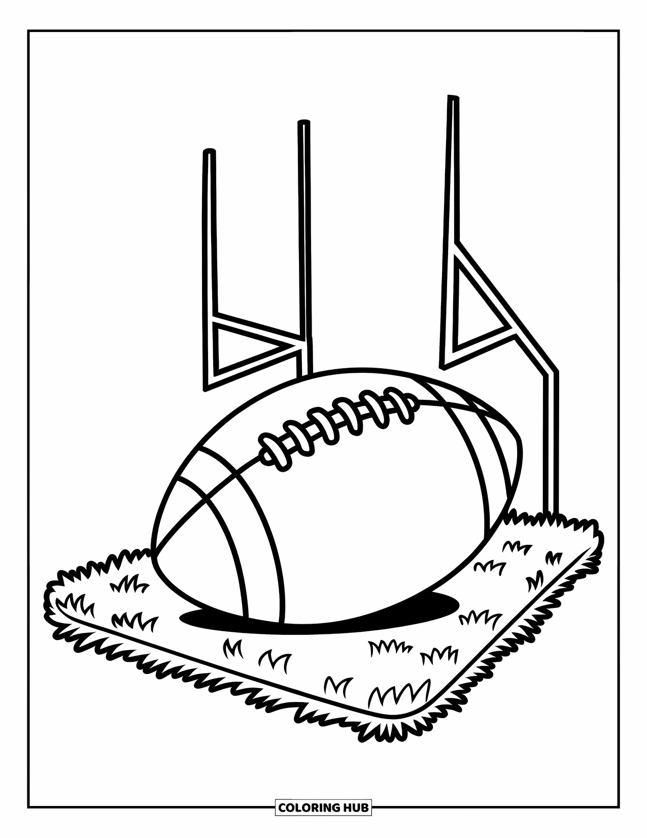 Sport Coloring Page for Kids: Football sits on grass near tall goalposts