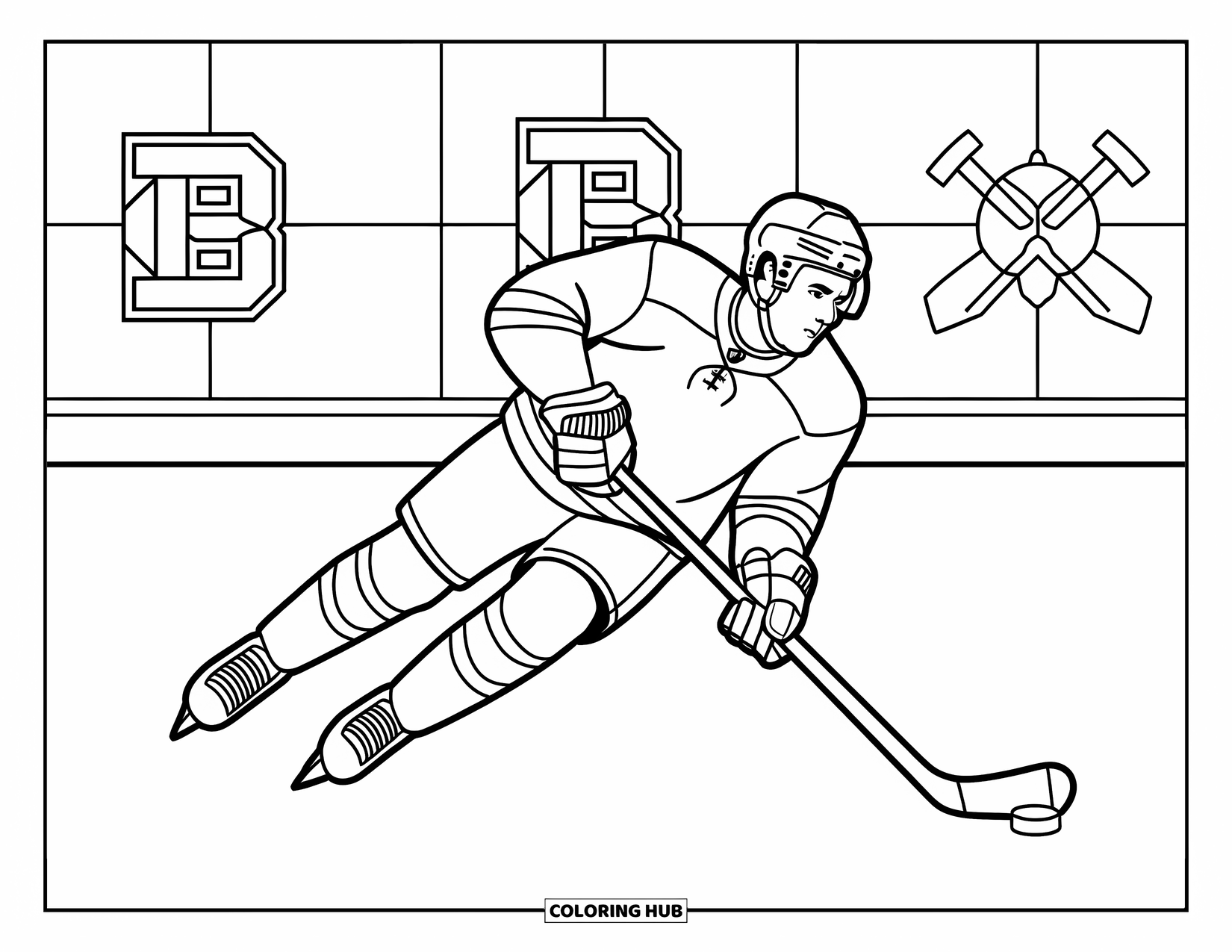 Sport Coloring Page for Kids: Hockey player in blue jersey moves across the rink