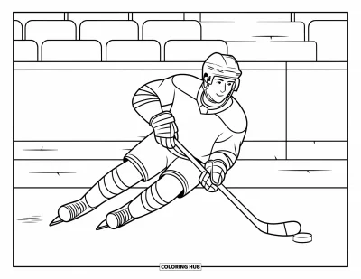 Coloriage de sport pour enfants : Un hockeyeur glisse sur la glace avec une rondelle et un bâton