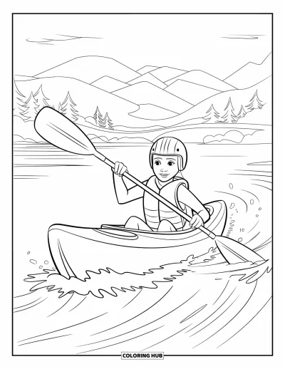 Coloriage de sport pour enfants : Un kayakiste casqué pagaie près d'un pont et de montagnes
