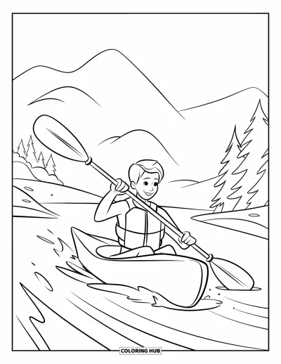 Coloriage de sport pour enfants : Un kayakiste pagaie en souriant sur des vagues légères