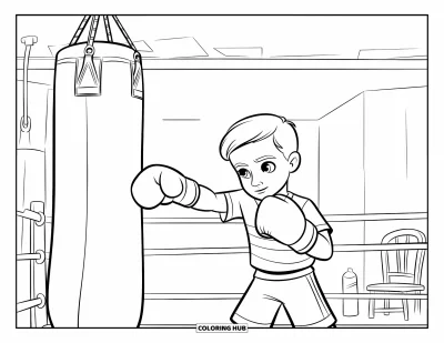 Coloriage de sport pour enfants : Un jeune boxeur s'entraîne avec des gants et un sac dans une salle