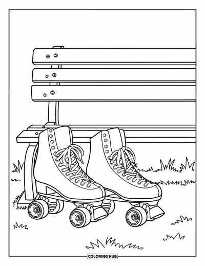 Coloriage de sport pour enfants : Une paire de patins à roulettes posée près d'un banc dans l'herbe