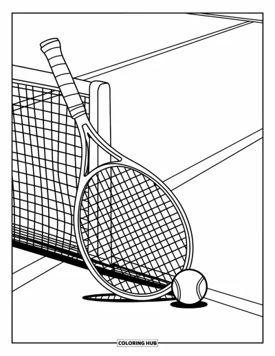Coloriage de sport pour enfants : Une raquette et une balle de tennis reposent sur la ligne de fond de court