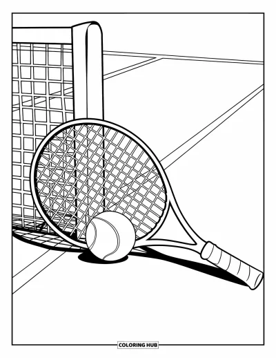 Coloriage de sport pour enfants : Une raquette appuyée contre une balle près de la ligne d'un court de tennis