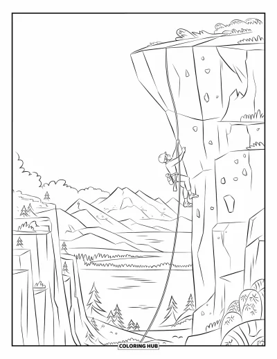 Coloriage de sport pour enfants : Un grimpeur escalade un mur texturé avec une vue immense