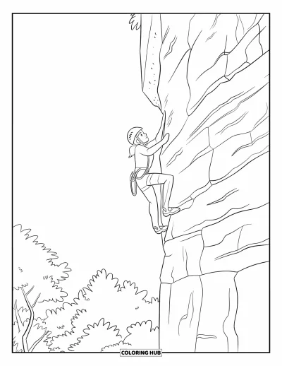 Coloriage de sport pour enfants : Un grimpeur approche du sommet d'une falaise abrupte