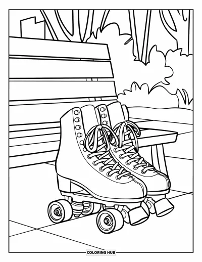 Coloriage de sport pour enfants : Des patins à roulettes garés près d'un banc de parc