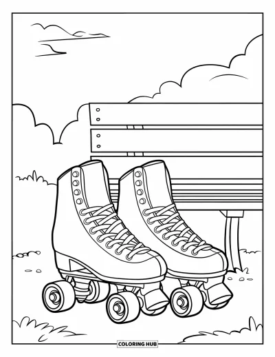 Coloriage de sport pour enfants : Des patins à roulettes posés près d'un banc sous un ciel dégagé