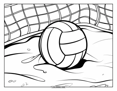 Coloriage de sport pour enfants : Une scène de volleyball simple avec un filet et un sol sableux