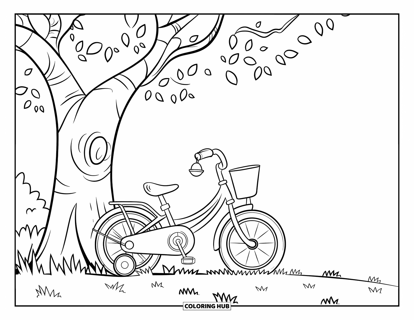 Sport Coloring Page for Kids: Small bicycle with training wheels leans against a tree