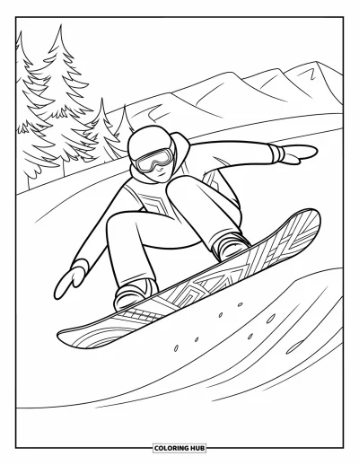 Coloriage de sport pour enfants : Un snowboarder saute haut avec une planche à motifs et des arbres autour