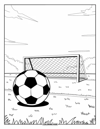 Coloriage de sport pour enfants : Un ballon de football posé près d'un poteau de but sur un terrain herbeux