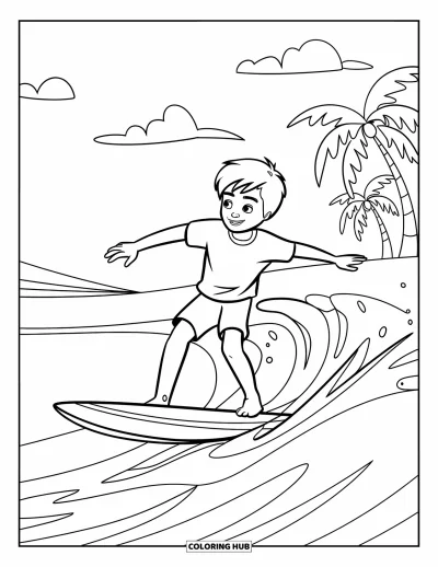 Coloriage de sport pour enfants : Un surfeur garde l'équilibre sur sa planche sous un ciel ensoleillé