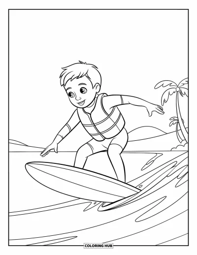 Coloriage de sport pour enfants : Un surfeur chevauche une vague en combinaison et gilet