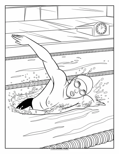 Coloriage de sport pour enfants : Un nageur fait le crawl avec des éclaboussures d'eau