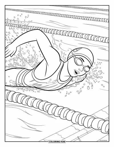 Coloriage de sport pour enfants : Un nageur file dans les couloirs d'une piscine en crawl