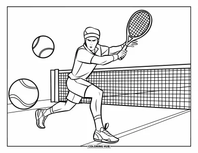 Coloriage de sport pour enfants : Un joueur de tennis se fend en avant pour un revers
