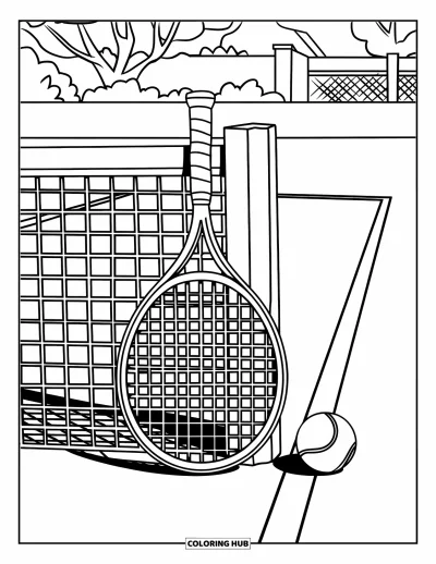 Coloriage de sport pour enfants : Une raquette et une balle de tennis près d'une clôture sur un court