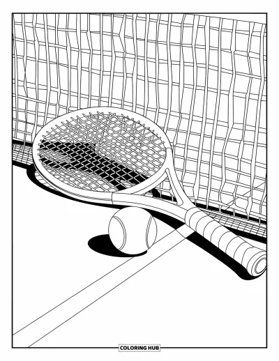 Coloriage de sport pour enfants : Une raquette et une balle de tennis posées sur la ligne du court