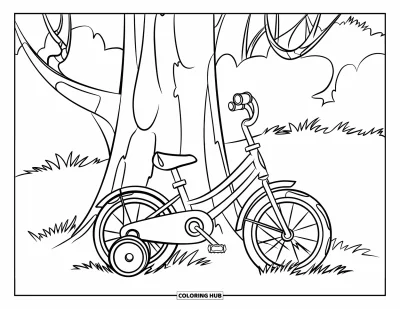 Coloriage de sport pour enfants : Un vélo d'apprentissage appuyé contre un grand tronc d'arbre
