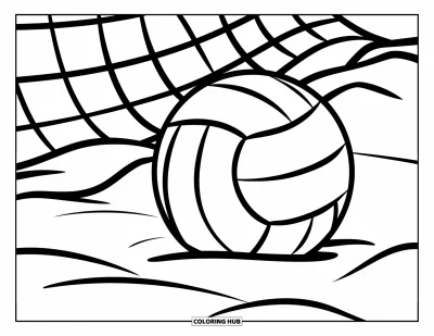 Coloriage de sport pour enfants : Un ballon de volleyball sur le sable avec un filet en arrière-plan