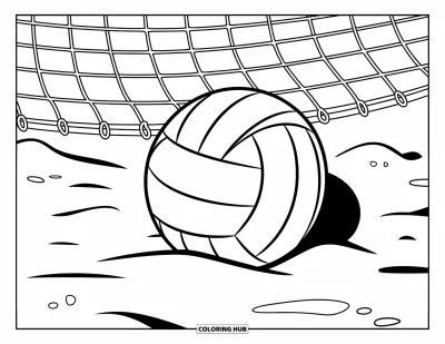 Coloriage de sport pour enfants : Un ballon de volleyball posé sur le sable avec un filet au-dessus