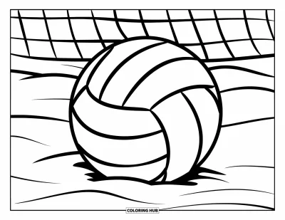 Coloriage de sport pour enfants : Un ballon de volleyball posé sur le sable avec un filet derrière