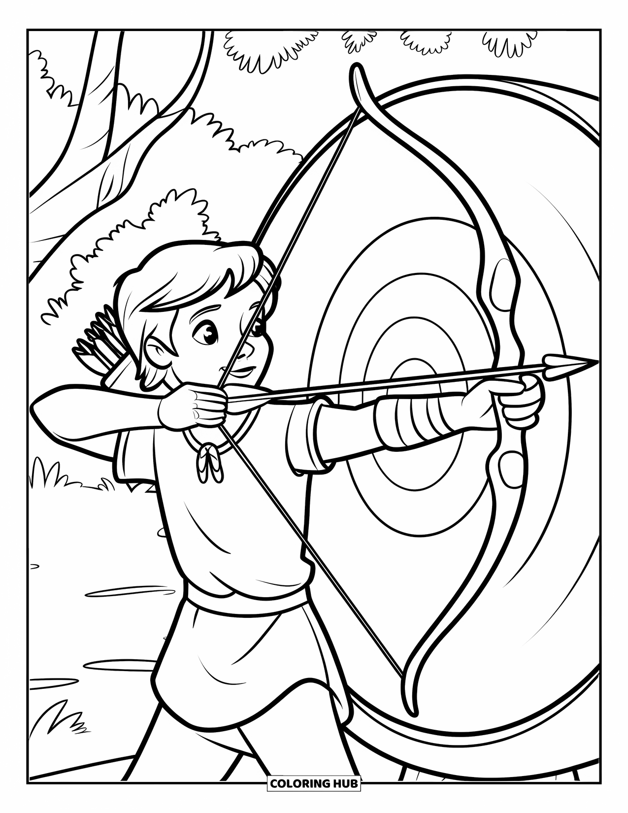 Sport Coloring Page for Kids: Young archer aims at a bullseye in the forest