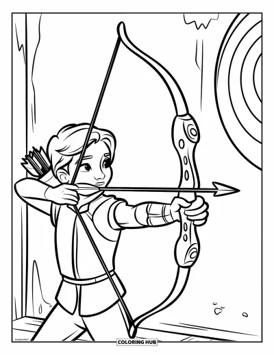 Coloriage de sport pour enfants : Un jeune archer tend son arc vers une cible avec concentration