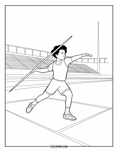 Coloriage de sport pour enfants : Un jeune athlète lance le javelot sur un stade