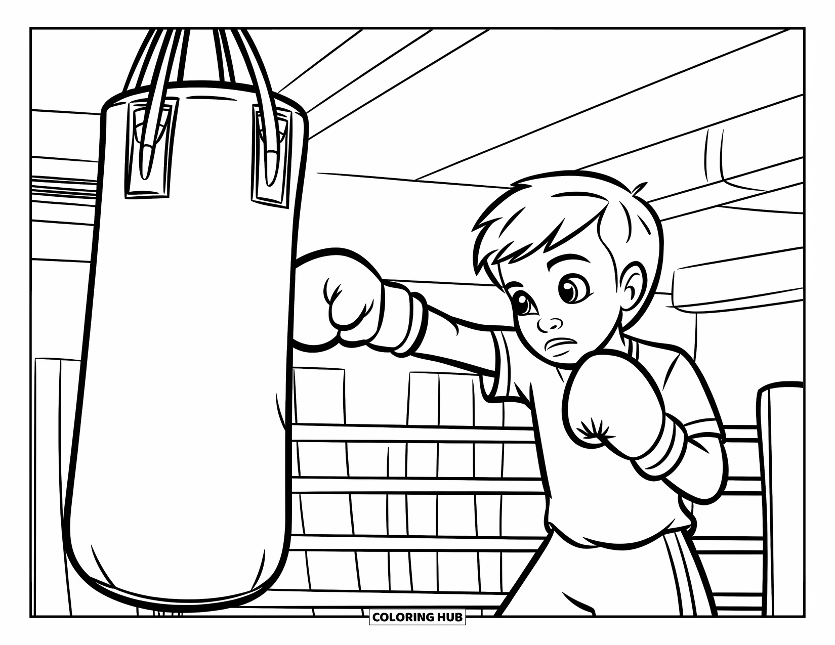 Sport Coloring Page for Kids: Young boxer punches a bag in the gym