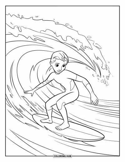 Coloriage de sport pour enfants : Un jeune surfeur chevauche une petite vague océanique