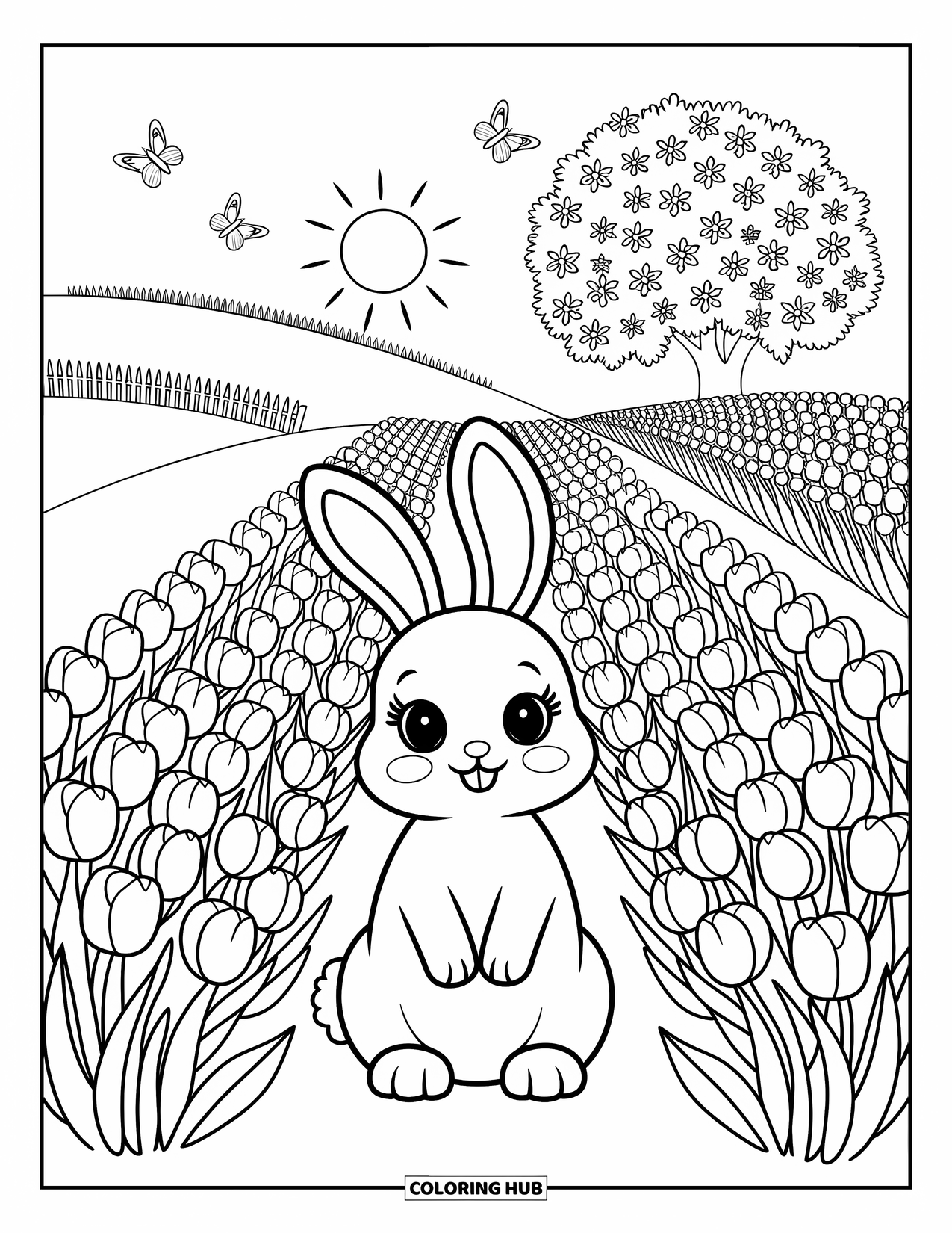 Spring Animal Coloring Page for Adults: A bunny sits among tulips while butterflies flutter gently overhead