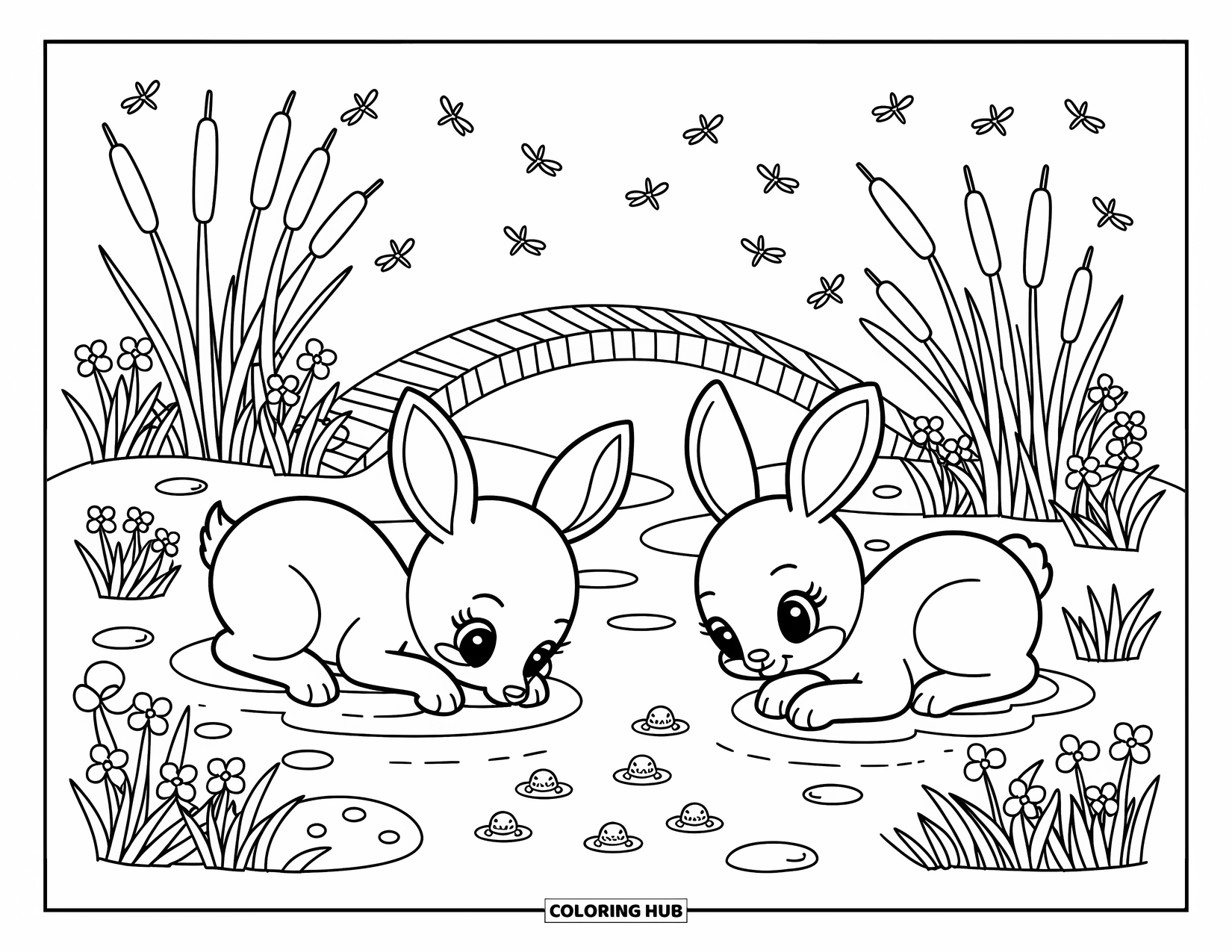 Spring Animal Coloring Page for Adults: A deer and bunny kneel by a stream, watching tadpoles swim through the water