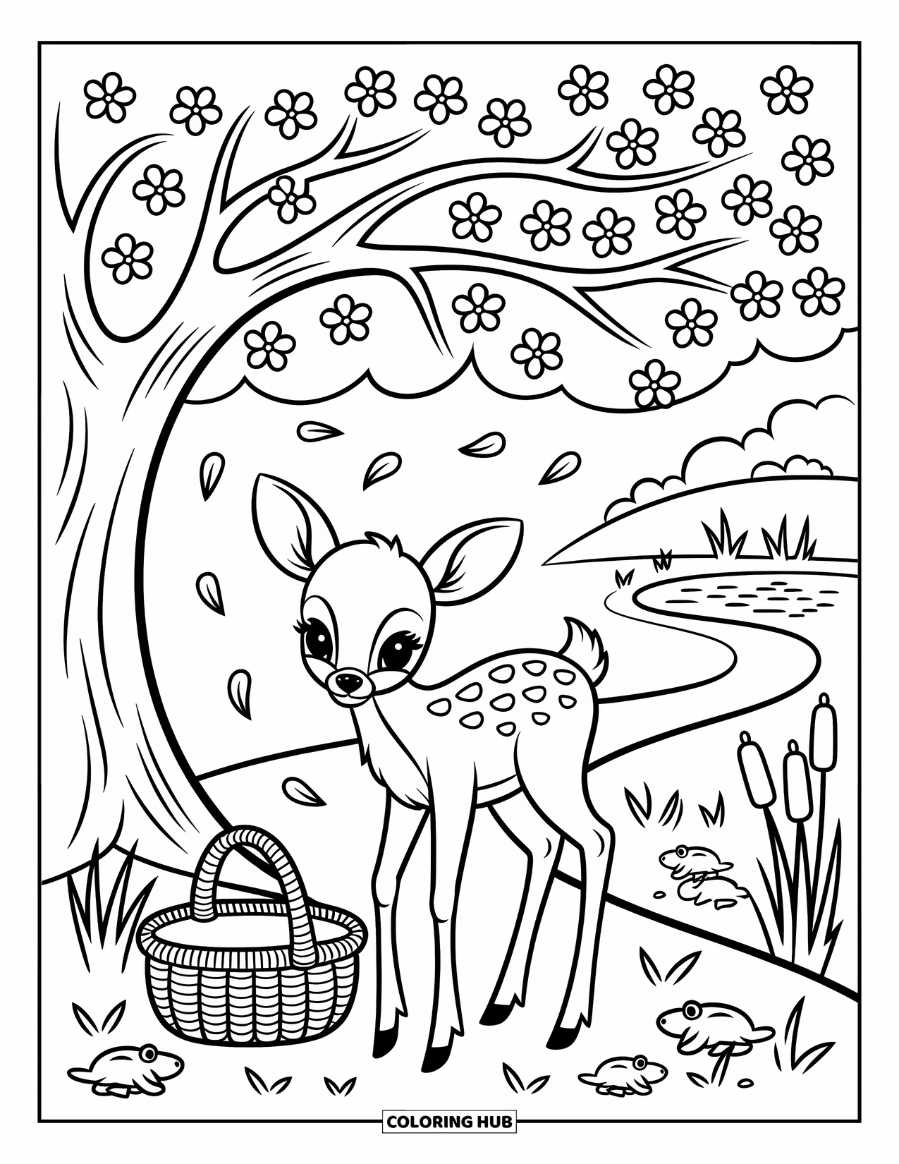 Spring Animal Coloring Page for Adults: A fawn stands under blooming branches with petals falling and a picnic nearby