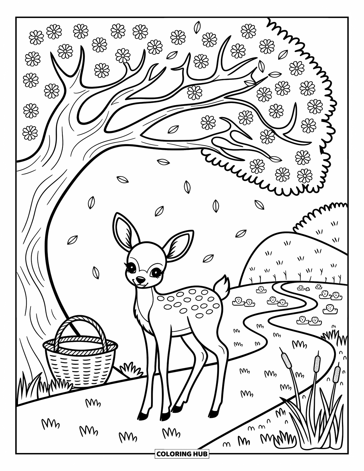 Spring Animal Coloring Page for Adults: A quiet fawn beneath blossoms gazes toward a path and pond with frogs