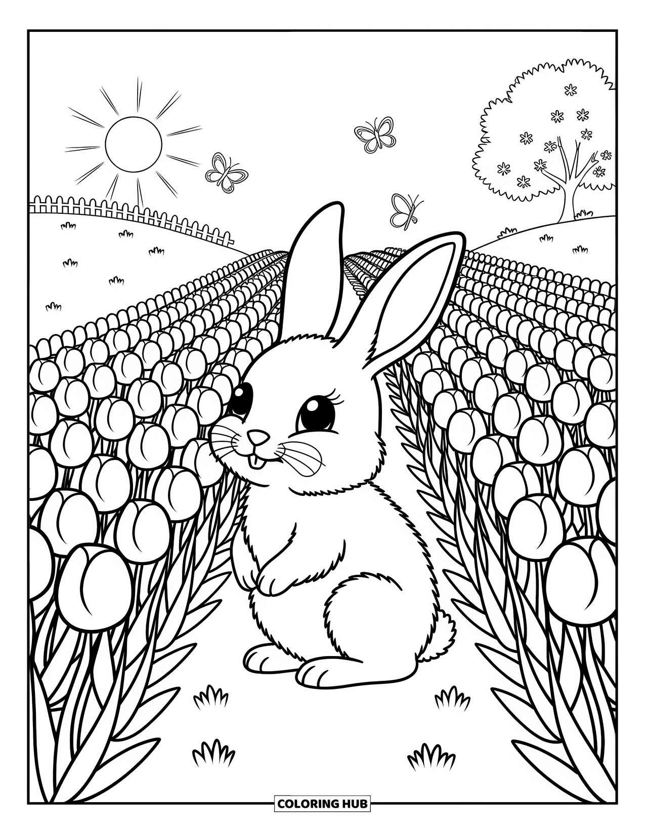 Spring Animal Coloring Page for Adults: Butterflies dance around a bunny in a field of blooming tulips