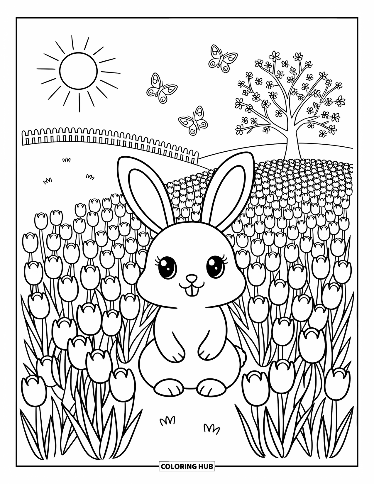 Spring Animal Coloring Page for Adults: Butterfly lands near a bunny surrounded by tulips and a quiet spring hill
