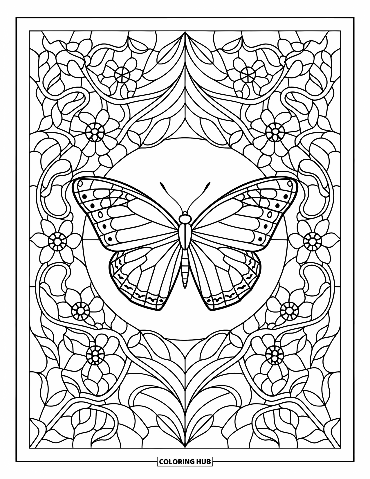 Spring Animal Coloring Page for Adults: Butterfly with spread wings sits in the center of a stained glass floral design