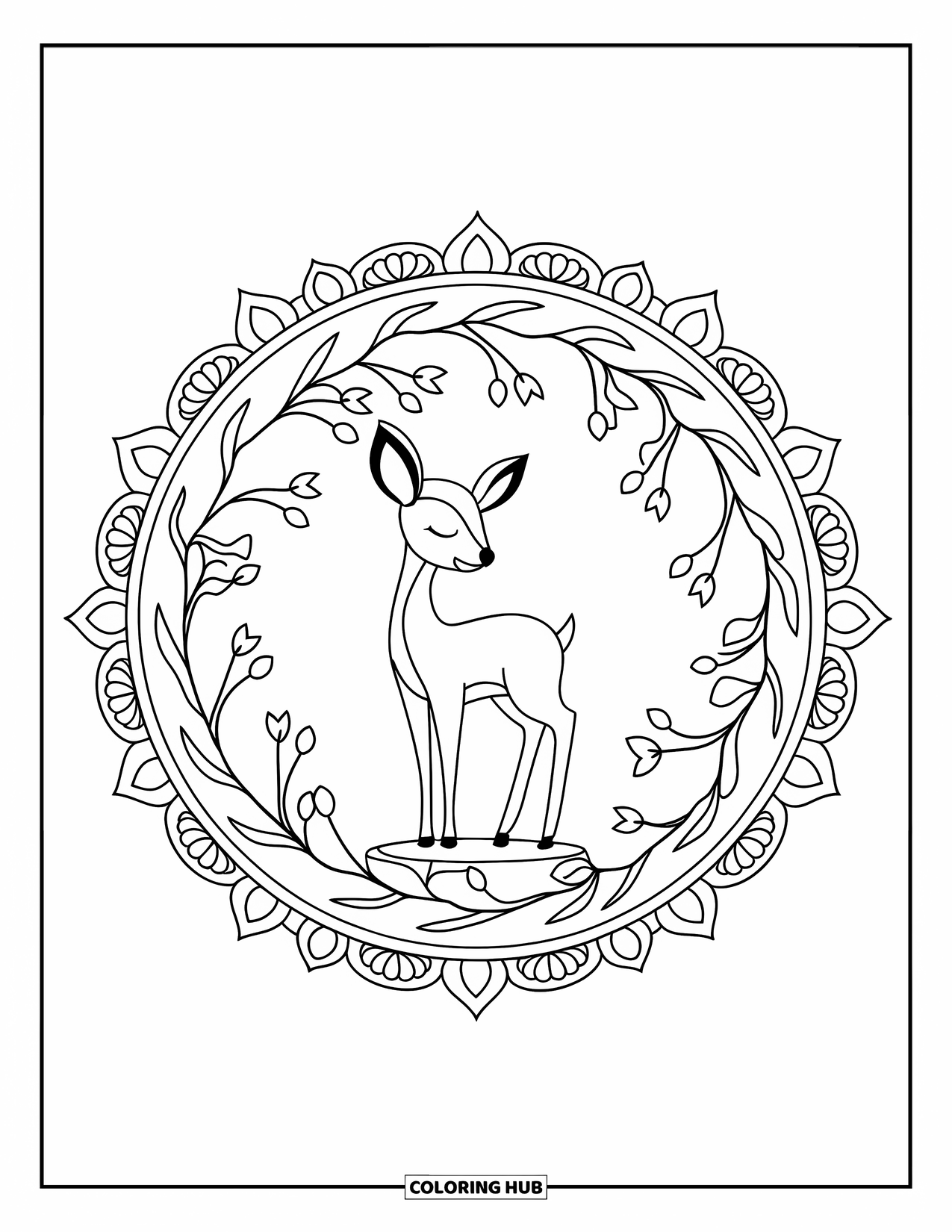 Spring Animal Coloring Page for Adults: Deer stands calmly in a floral mandala filled with delicate buds and branches