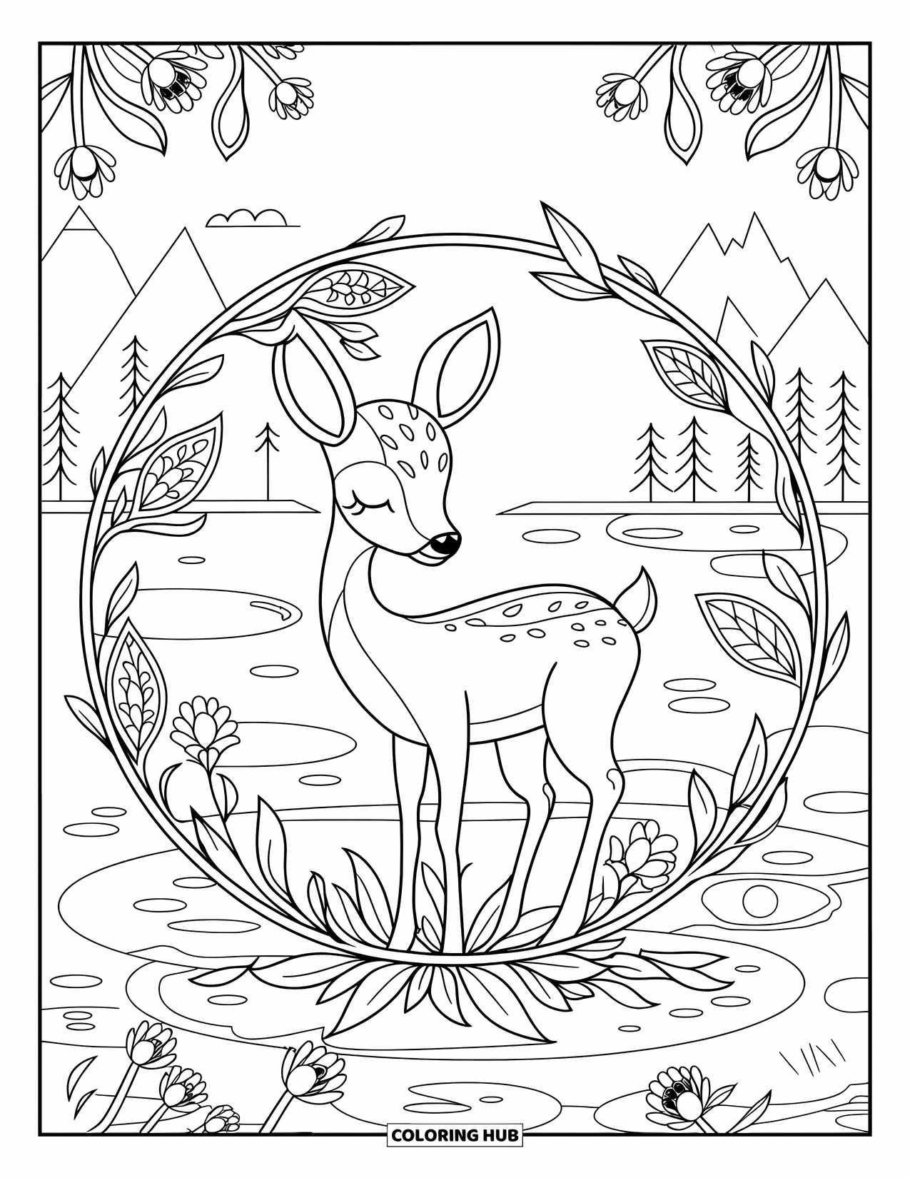 Spring Animal Coloring Page for Adults: Deer stands on a lily pad surrounded by a circular mandala of spring blossoms