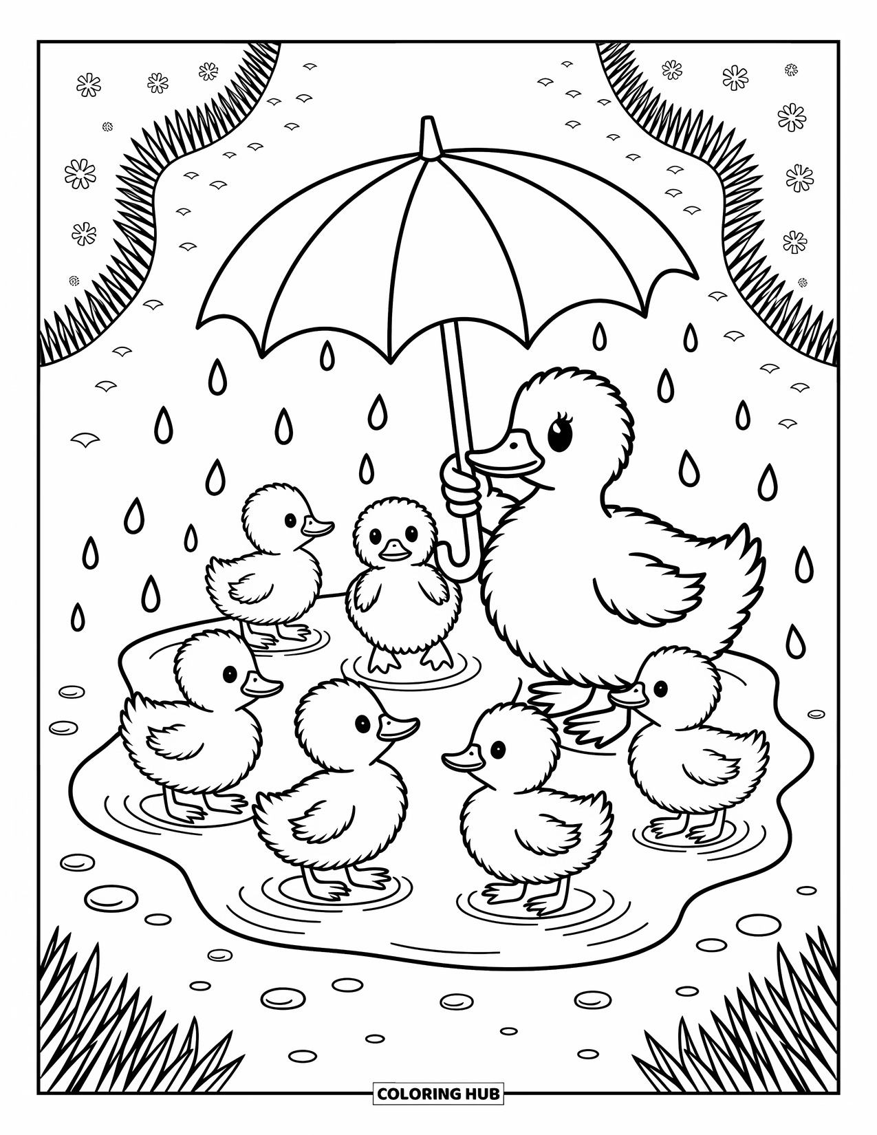 Spring Animal Coloring Page for Adults: Ducklings waddle through a puddle surrounded by petals, pebbles, and soft rain