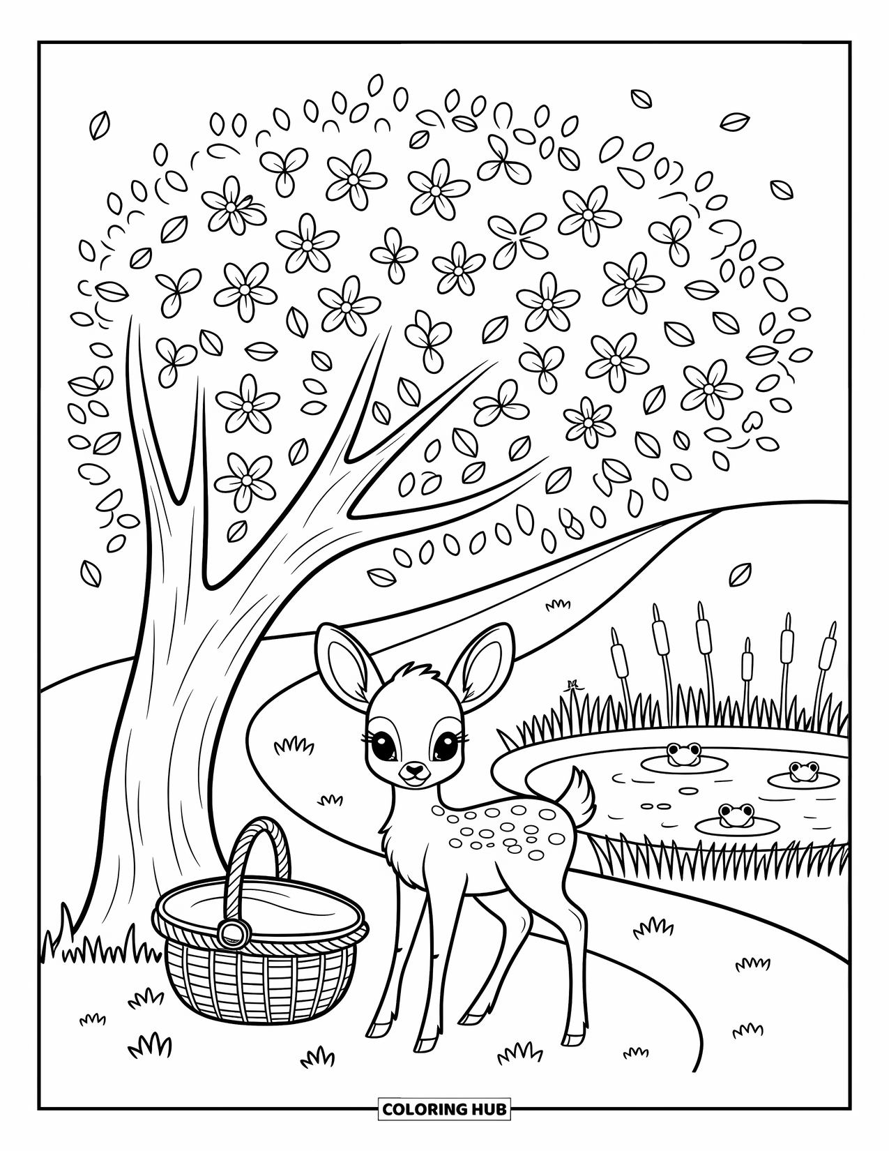 Spring Animal Coloring Page for Adults: Fawn under spring blossoms near a pond and a small picnic basket