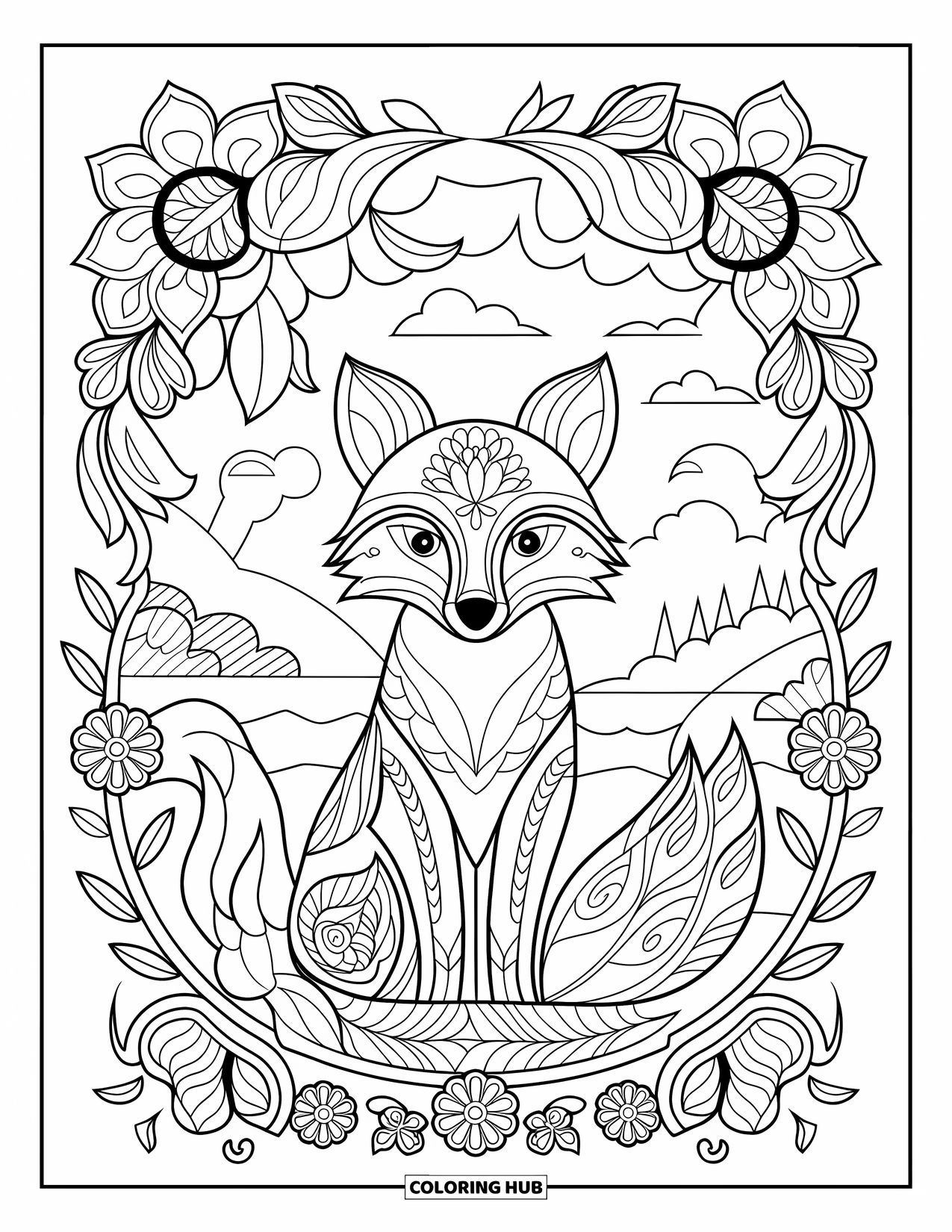 Spring Animal Coloring Page for Adults: Fox sits among blossoms and leaves in a floral mandala with a peaceful view