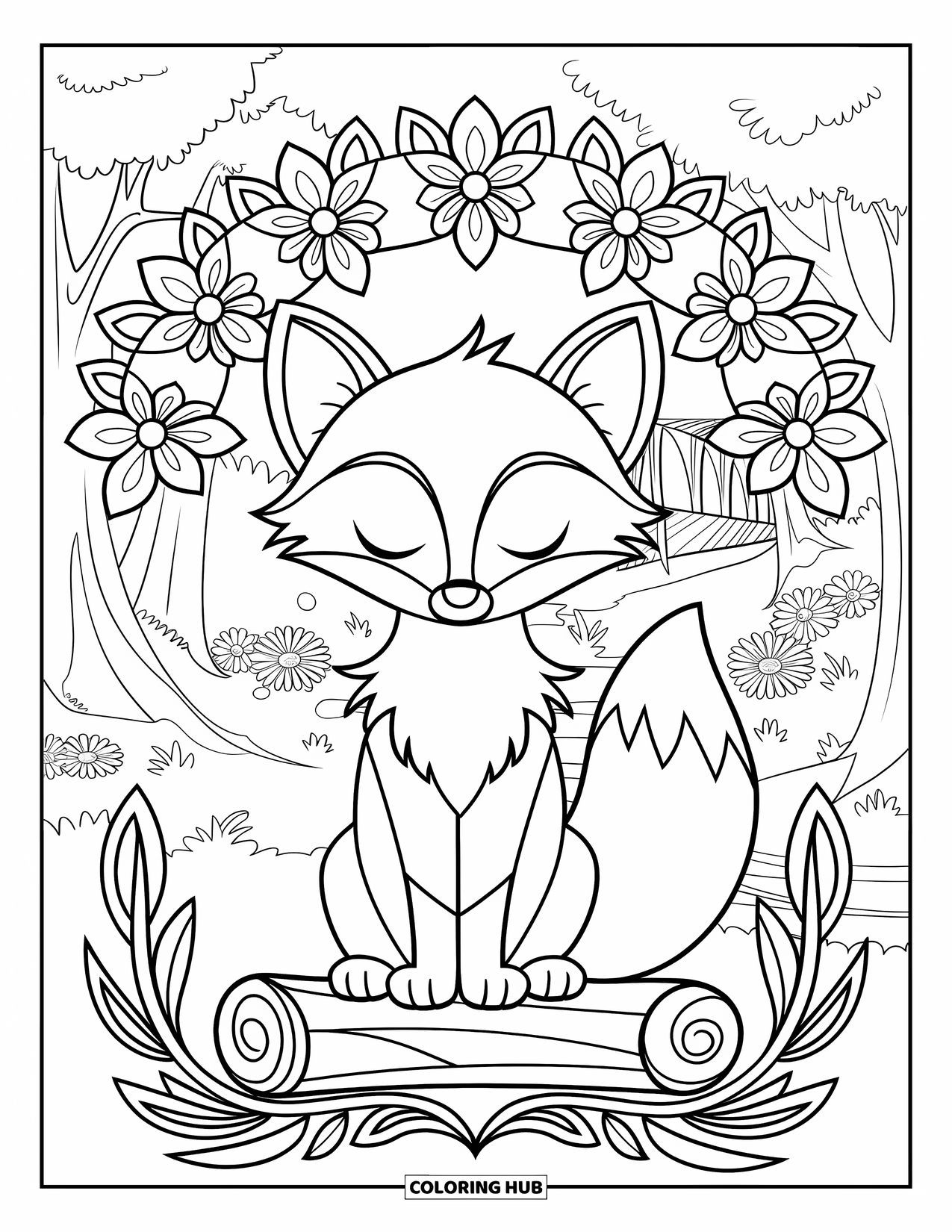 Spring Animal Coloring Page for Adults: Fox with closed eyes sits on a log in a forest framed by mandala flowers