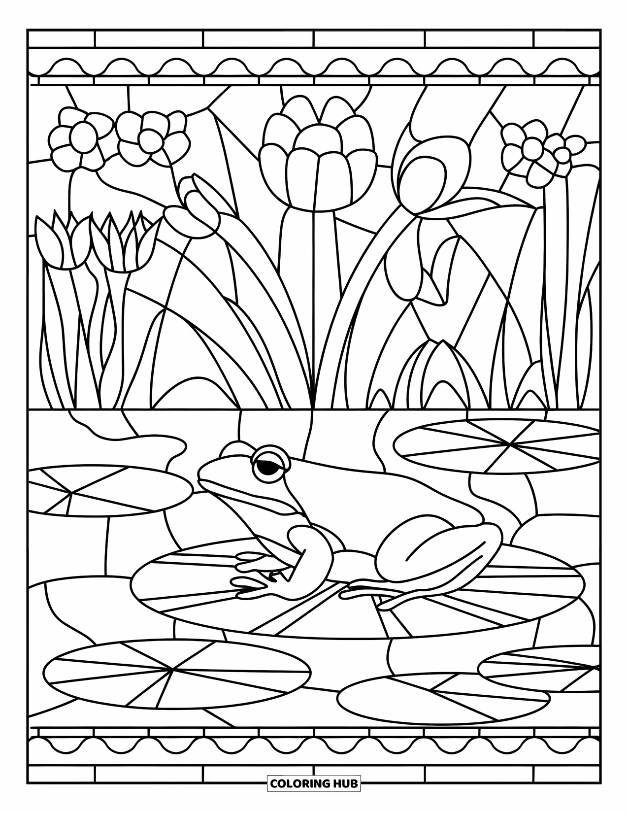 Spring Animal Coloring Page for Adults: Frog on a lily pad inside a stained glass pond framed with blooming flowers
