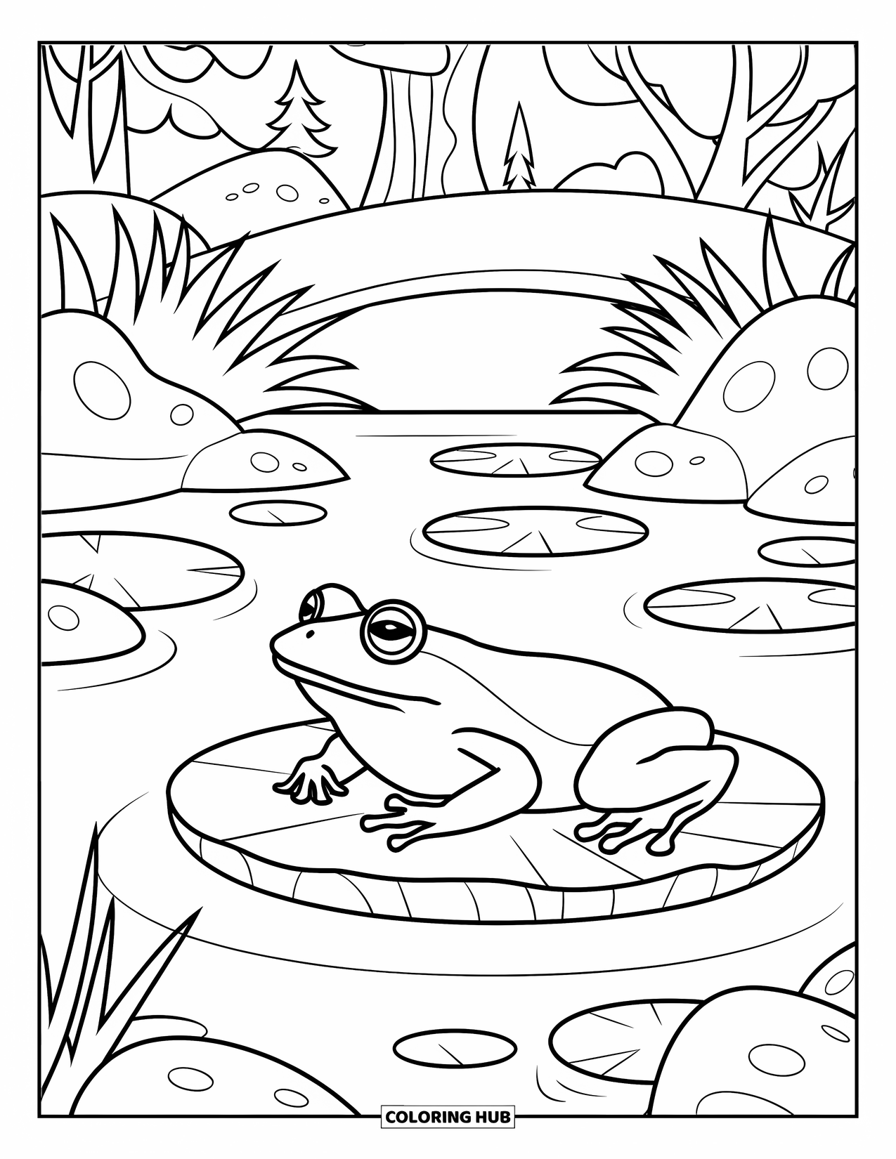 Spring Animal Coloring Page for Adults: Frog rests in a pond near a bridge, surrounded by plants and rocks