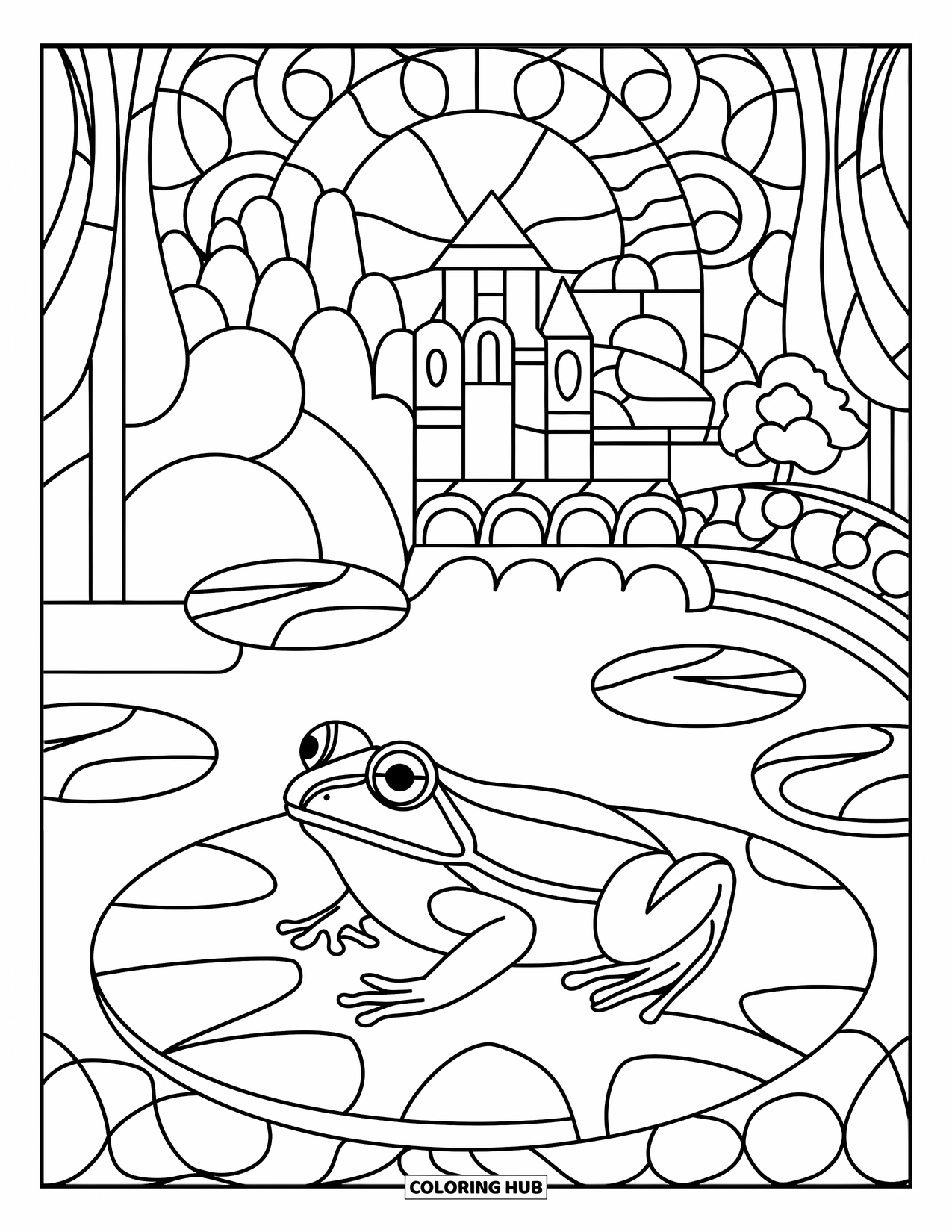 Spring Animal Coloring Page for Adults: Frog rests on a lily pad in a stained glass pond with a castle nearby