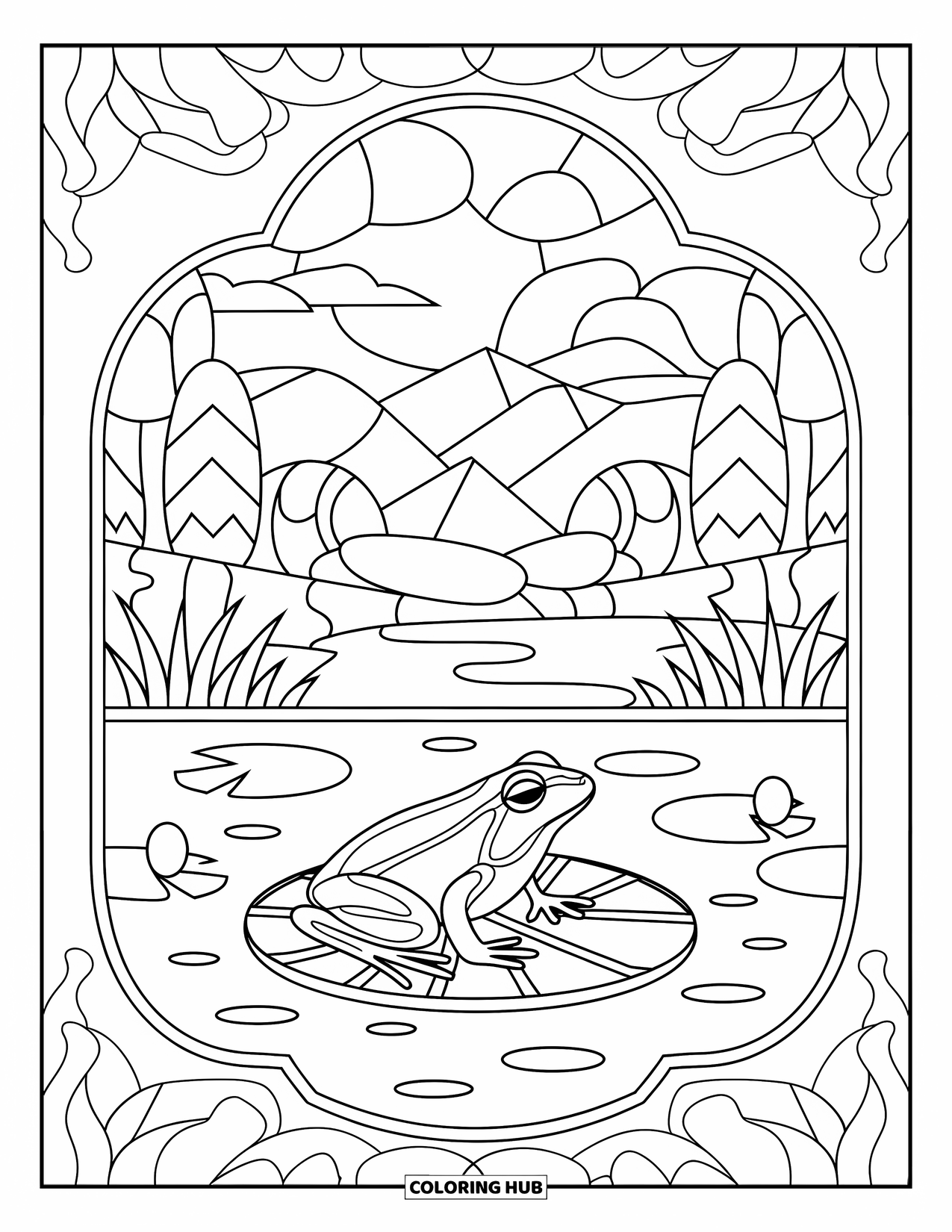 Spring Animal Coloring Page for Adults: Frog sits on a lily pad in a stained glass pond with clouds and trees